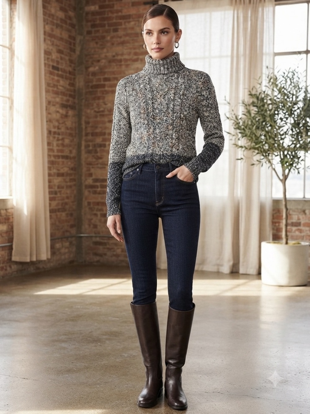 Vince Black & White Marled Cable Turtleneck Sweater